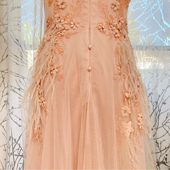 RICKIE FREEMAN TERI JON pink beading sequins feather flower tulle maxi dress - Picture 9 of 13